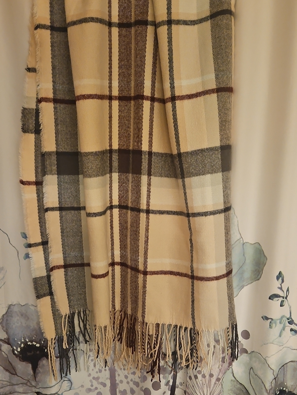Maurices Beige Plaid Fringed Wrap with Brown and Gray Accents